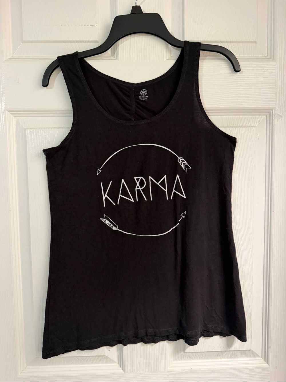 GAIAM Black Tank with White Karma Graphic